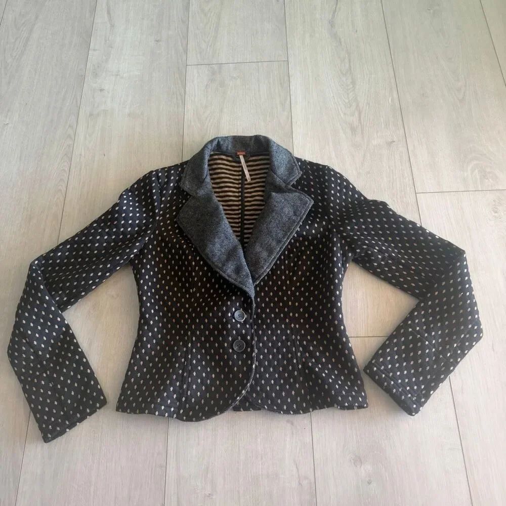 Free People Black & Tan Polka Dot Quilted Blazer Jacket. SZ xs
